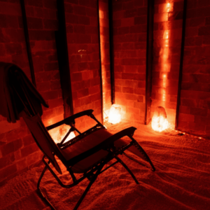 Lounge chair in Himalayan pink salt room.