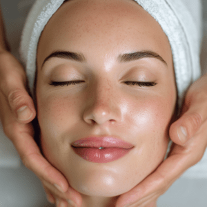 Woman receiving a facial with hands on her face