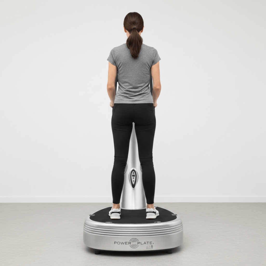 Woman standing on a vibration therapy platform.